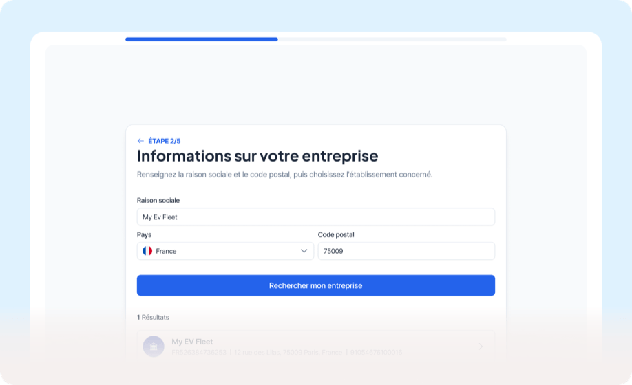 Écran « Informations sur votre entreprise » du funnel d'inscription self-service