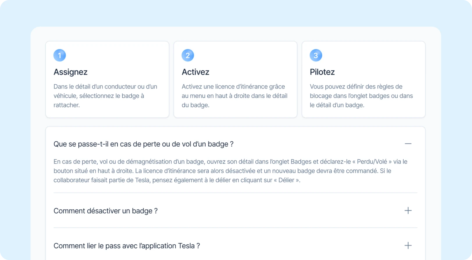 Guidage post-achat « assigner, activer, piloter » et FAQ contextuelle