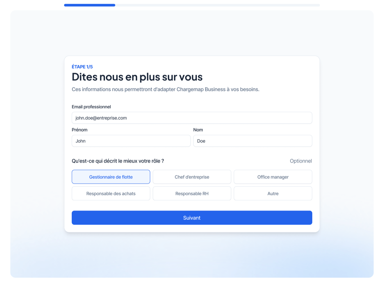 Étape 1 du funnel d'inscription self-service